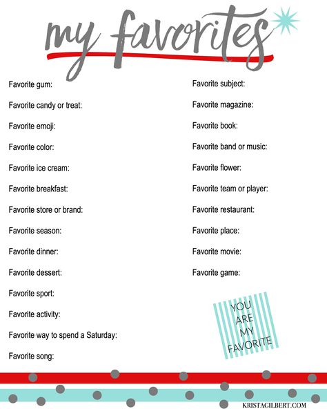 Welcome to day #1 of "Treat Your Family Like Guests." The first thing I do when guests are coming is I find out their favorite things. What does this do Questions About Favorite Things, Favorite Questions List, List Of Favorites Questions, My Favorite Things List For Kids, Favorite List Questions, Favorite Memory Ideas, Favorite Questions List Of, Whats Your Favorite Questions, What Do I Do