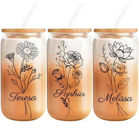 PRICES MAY VARY. Personalized Name Glass Cup: Customize 16oz iced coffee cup tumbler with names, Birth flower glass tumbler provides more than 12 styles to support you in choosing the one you like best, suitable for any occasion. Click the "Customize Now" button to bring a surprise to your loved one. Unique Birth Flower Gift: Gifts for Her, For whoever fond of floral decor, this iced coffee cup will definitely make her day.Perfect for birthdays, anniversaries, weddings, and any special occasion. Cricut Glass Tumbler Ideas Vinyls, Glass Coffee Cup Design, Iced Coffee Glass Cups, Cups With Names, Glass Cup Design, Glass Tumbler Design, Coffee Glasses, Cup Designs, Glass Coffee Cups