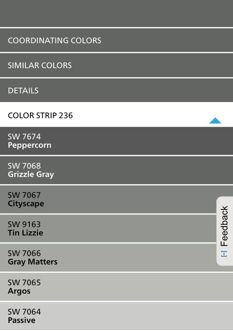 True grays (Sherwin Williams 236 Color Card) Peppercorn Sherwin Williams, Sherwin Williams Peppercorn, Benjamin Moore Wrought Iron, Color Spotlight, Most Popular Paint Colors, Sherwin Williams Gray, Popular Paint Colors, Farmhouse Paint Colors, House Color Palettes