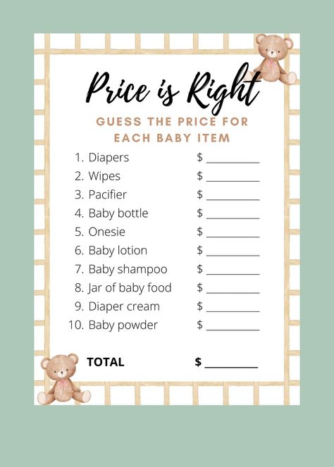 Baby Shower Games Bear Theme, Teddy Bear Baby Shower Games, The Price Is Right Game, Teddy Bear Baby Shower Theme, Bear Baby Shower Theme, Funny Baby Shower Games, Price Is Right Games, Boy Baby Shower Games, Teddy Bear Theme