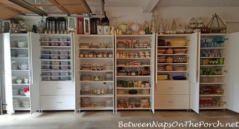 THIS IS WHAT I HAVE BEEN DREAMING OF! Cabinet Storage for Dishware, Glassware, Flatware and Napkins Glass Cabinet Organization, Dish Storage Ideas, Storage In Garage, China Storage, Holiday Storage, Dish Storage, Glassware Storage, Garage Makeover, Glass Cabinet