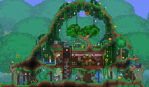 Dryad House Terraria, Terraria Dryad House, Cute Terraria Builds, Terraria Forest House Ideas, Terraria Tree House, Terraria Garden, Terraria Greenhouse, Terraria Npc House Ideas, Terraria Builds Ideas