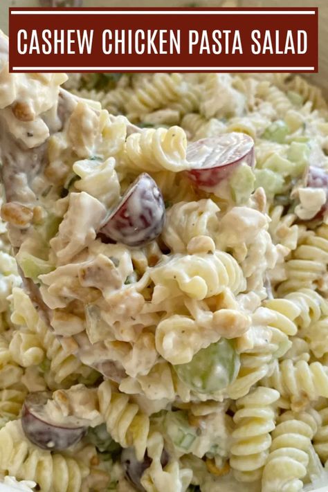 Chicken Pasta Salad Recipe | Cashew Chicken Pasta Salad is a creamy pasta salad recipe that's full of texture and flavor. Grapes, pineapple tidbits, celery, green onion, cashews, and chicken in a creamy ranch dressing sauce and spiral pasta noodles. #pastasaladrecipes #chickenpastasalad #chickensalad #saladrecipes #sidedish Chicken Pasta Salad With Grapes, Pasta Salad With Grapes, Creamy Pasta Salad Recipe, Pineapple Tidbits, Creamy Pasta Salad, Ranch Dressing Recipe Homemade, Chicken Pasta Salad Recipes, Summer Pasta Salad Recipes, Cashew Chicken Recipe