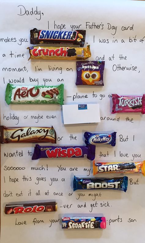 Letter With Chocolate Bars, Chocolate Letter Gift, Chocolate Bar Letter, Dad Chocolate Bar Poem, Fathers Day Chocolate Ideas, Fathers Day Chocolate Bar Card, Farther Days Ideas, Father’s Day Poster Ideas, Fathers Day Chocolate