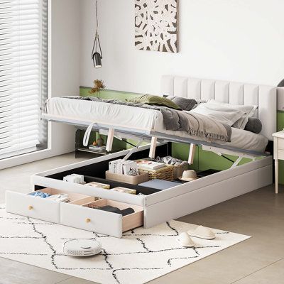 Experience unparalleled ease and convenience with our innovative hydraulic lift system. Effortlessly lift the mattress platform to reveal ample storage space underneath, allowing you to utilize every inch of your bed for optimal functionality. Bid farewell to cluttered bedrooms with the two spacious storage drawers located at the foot of the bed. Size: Full, Color: White | Latitude Run® Chloemarie Vegan Leather Platform Bed Upholstered / Faux leather in White | 37.8 H x 60.5 W x 78 D in | Wayfai Bed With Hydraulic Storage, Full Size Upholstered Bed, Mattress Platform, Cluttered Bedroom, Leather Platform Bed, Full Size Platform Bed, Wooden Platform Bed, Full Size Bed Frame, Storage Platform