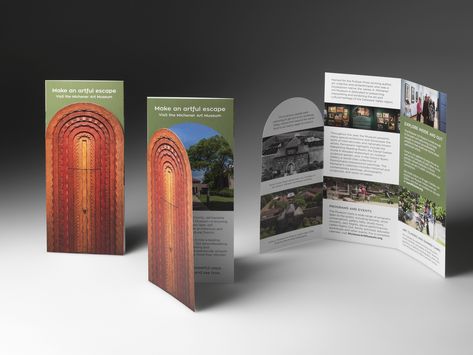 We created a unique trifold brochure for the James A. Michener Art Museum of Doylestown, PA, complete with a die cut arch on the front panel. Art Museum Brochure, Museum Brochure Design, Museum Flyer, Construction Brochure, Museum Brochure, Unique Brochures, Doylestown Pa, Architecture Brochures, World Art Day