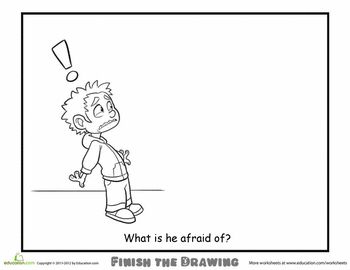 Worksheets: Finish the Drawing: What is he Afraid Of? Finish The Drawing, School Social Work, Counseling Activities, Child Therapy, Art Therapy Activities, Drawing Activities, Drawing Prompt, Creative Drawing, School Counseling