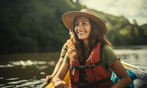 A woman kayaking radiates joy, her life vest and hat suggesting adventure against a backdrop of tranquil waters and lush greenery—perfect for outdoor lifestyle and travel content. Woman Kayaking, Travel Content, Life Vest, Lush Greenery, Outdoor Lifestyle, Kayaking, Lush, A Woman, Lifestyle