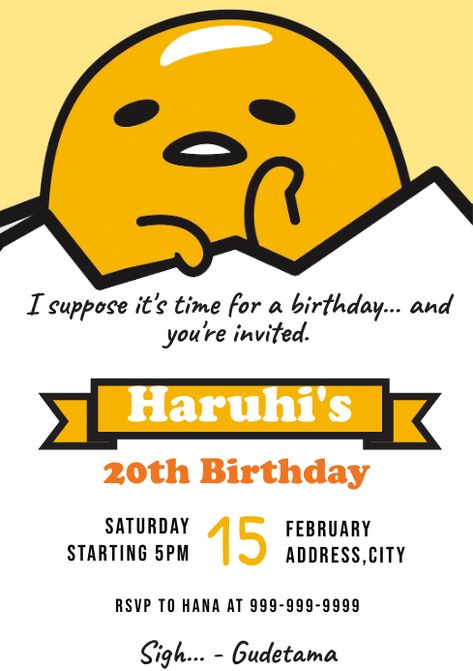 Gudetama Birthday Invitation, Gudetama Party, Gudetama Birthday, Sanrio Birthday, Lazy Egg, 10 Birthday, Invert Colors, Dinner Club, Cat Birthday Party