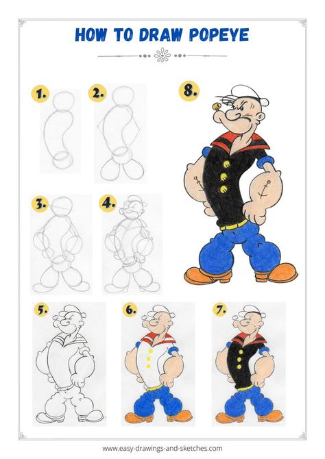 Learn how to draw Popeye in few simple steps Drawing Cartoon Characters Sketches, Cartoon Character Drawing, Explore Drawing, Iconic Cartoon Characters, Tips For Artists, Popeye Cartoon, Iconic Cartoon, Disney Character Drawing, Cartoon Drawing Tutorial