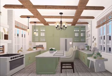 Bloxburg House Ideas Sage Green, Bloxburg Kitchen Green, Sage Green Bloxburg House, Green Bloxburg Kitchen, Green Bloxburg House, Interior Bloxburg, Beach Kitchen Ideas, Sage Green Kitchen, House Decorating Ideas Apartments