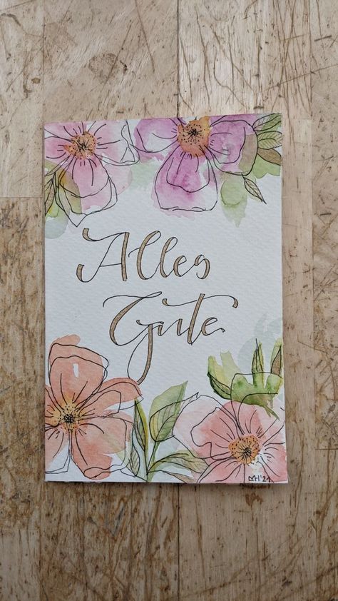 Cute Watercolour Birthday Card, Flowers On Cards Drawing, Watercolour Flower Card Ideas, Birthday Card Ideas With Watercolor, Watercolour Flower Birthday Card, Watercolor Gift Card Ideas, Flower Cards Drawing, Watercolor Birthday Cards Flowers, Painted Birthday Card Ideas