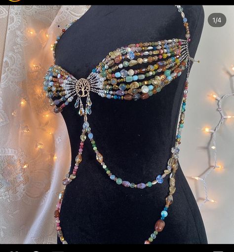 Mermaid Core Top, Beaded Bra Outfit, Rainbow Fish Costume, Bead Skirt, Bead Threading, Beaded Bra, Bead Bra, Fish Costume, Crystal Bra