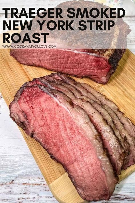 A piece of smoked New York strip roast meat on a cutting board. Strip Roast, New York Strip Roast, Rump Roast, New York Strip, Pellet Smoker, Sunday Dinner, New York