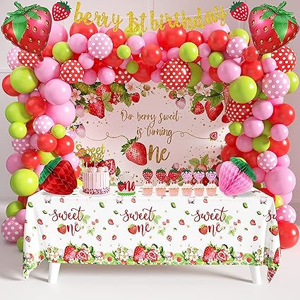 1st Birthday Decorations Girl, Strawberry 1st Birthday, Honeycomb Decor, Decor Balloons, Strawberry Shortcake Birthday, Berry First Birthday, Baby Birthday Themes, Strawberry Birthday, 1st Birthday Party Decorations