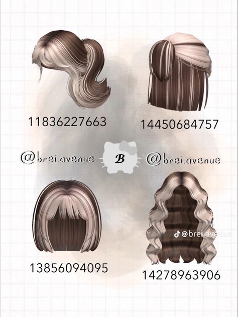 Roblox Hair Codes, 2 Tone Hair, Blonde Hair Roblox, Brown Hair Id, Brown Hair Roblox, Blocksburg Outfit Codes￼, Pelo Cafe, Roblox Hair, Two Toned Hair