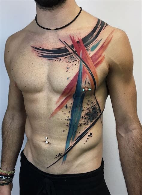 Chest Tattoo Abstract, Arte Trash Polka, Watercolour Tattoo Men, Art Personality, Tatuaje Trash Polka, Rib Tattoos For Guys, Tattoo Trash, Modern Art Tattoos, Brush Tattoo