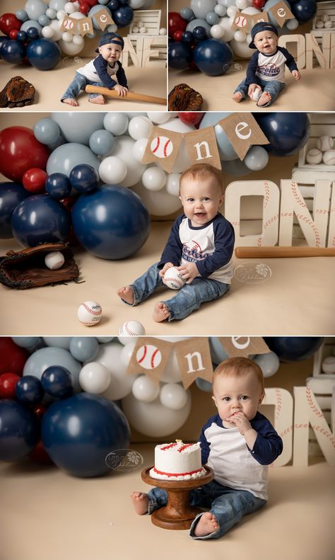 In-home cake smash photos by Little Dahlias Photography.  Rookie of the year, smiling one year old boy plays with baseballs, bat and glove wearing a baseball t-shirt and a backwards baseball cap.  Theres a beige backdrop with a red, white, navy, and light blue balloon garland, a burlap banner that says one with a baseball for the "o".  White Paper Mache letters with red baseball stitching on them spell out ONE.  The last photo the little boy is eating his baseball cake. Baseball Smash Cake Photoshoot, Rookie Year Cake Smash, Baseball First Birthday Cake Smash, Baseball Cake Smash Pictures, Rookie Of The Year First Birthday Cake Smash, Cake Smash Baseball Theme, Rookie Year First Birthday Photoshoot, Baseball One Year Old Photoshoot, Rookie Of The Year Cake Smash