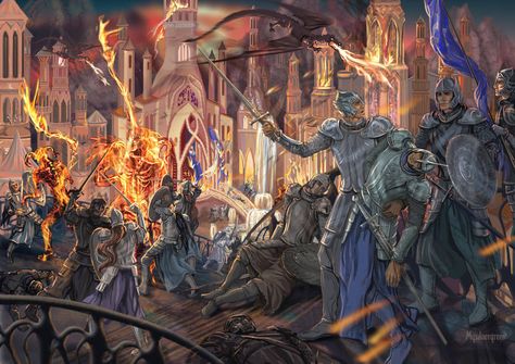 The Fall of Gondolin by Mysilvergreen Gondolin Art, Fantasy Battlefield, Fall Of Gondolin, Ring Wraiths, Tolkien Illustration, History Of Middle Earth, Woodland Realm, Tolkien Elves, Middle Earth Art