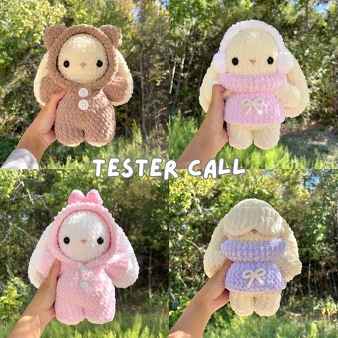 ☁️ TESTER CALL: bunny in clothing bundle ☁️ hiii! i’m looking for around 8-12 testers for my turtleneck sweater and onesie bunny! this bundle with will include the bunny, the turtleneck sweater, the sleeping mask, the earmuffs, the bear onesie, and the coquette onesie. if chosen, you’ll have 10 days to finish the pattern, provide feedback, and send me your final photo. you can make this with any yarn and colors of your choosing! how to apply: ☁️ have a public account ☁️ follow me, like, a... Crochet Toothless, Bear Onesie, Bunny Sweater, Bunny Onesie, Clothing Bundle, Cute Sewing Projects, Hoodie Pattern, Crochet Business, Wool Art