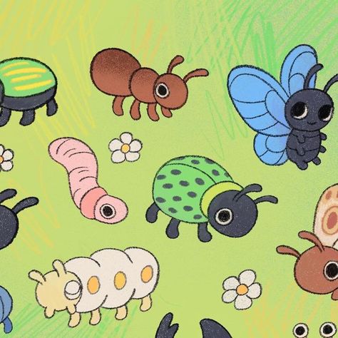 Animal Friends Illustration, Bug Drawing Cute, Cute Bugs Illustration, Beetle Art Illustration, Cute Bug Illustration, Cute Bug Drawing, Bugs Illustration, Cartoon Bugs, Bug Drawing