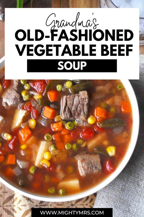 This old-fashioned vegetable beef soup is going to take you back to Grandma's kitchen. You'll love the tender chunks of stew meat and how it's packed with healthy veggies all in a light beefy-tomato broth. The beauty of this recipe is that it tastes like Grandma's cooking, but it doesn't take all day. You can cook it in the crockpot or on the stovetop. Old Fashioned Vegetable Beef Soup, Dinner Vegetables, Easy Healthy Soup, Beef Soup Recipes, Healthy Weeknight Meals, Vegetable Beef Soup, Turkey Soup, Best Soup Recipes, Recipe Dinner