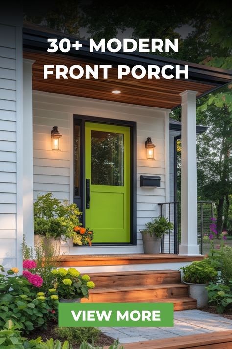 A small porch design featuring a wooden staircase leading to a white-framed door surrounded by lush greenery, exuding simplicity and modern elegance with warm wood tones Wide Front Porch Steps, Small Outdoor Entryway Ideas, Wide Front Porch, Chic Entryway, Modern Front Porch Ideas, Modern Front Porches, Modern Front Porch, Front Porch Steps, White Porch