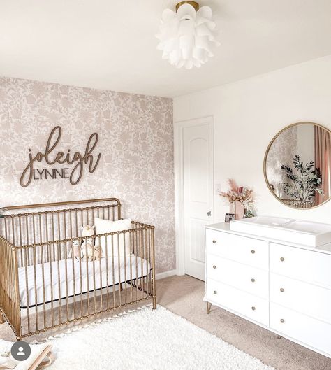 stunning elegant pink nursery with wooden name sign from Mod Wood Co 42" size joleigh-lavender font, walnut stain LYNNE- daffodil font, walnut stain Iron Crib Nursery, Gold Crib Nursery, Twin Girls Nursery, Gold Crib, Elegant Nursery, Wooden Nursery, Baby Nursery Inspiration, Personalized Nursery Decor, Gold Nursery