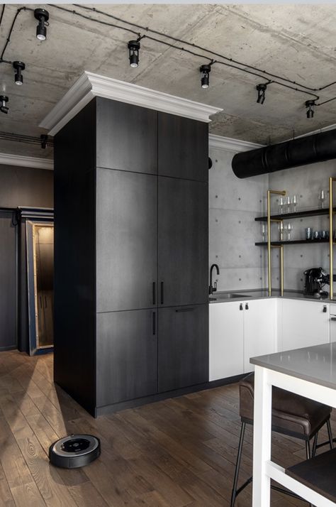 Modern Industrial Decor Kitchen, Industrial Apartment Design, Small Industrial Apartment, Industrial Style Apartment, Industrial Room Design, Modern Industrial Apartment, Modern Loft Design, Industrial Apartment Decor, Kitchen Industrial