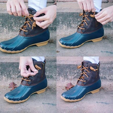 How To Tie Duck Boot Laces - Thrifty Pineapple How To Tie Duck Boot Laces, How To Tie Sperry Laces, What To Wear With Duck Boots, How To Style Duck Boots, Duck Boot Outfits, How To Wear Duck Boots, Styling Duck Boots, Duck Boot Outfit, Duck Boots Outfit