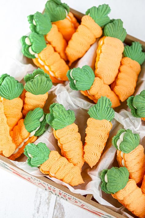 Carrot Shaped Macarons - Everything Marina Shaped Macarons, Easter Basket Template, Basket Template, Farmers Market Birthday Party, Macarons Recipe Easy, Macaron Recipes, French Macarons Recipe, Blueberry Powder, Meringue Recipe