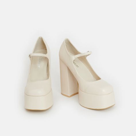 Platform Business Shoes, Cream Chunky Heels, Cream Platform Heels, Cream Colored Heels, Mary Janes Platform, Shoes Mary Janes, Lace Chiffon Bridesmaid Dress, Cream Heels, Trendy Heels