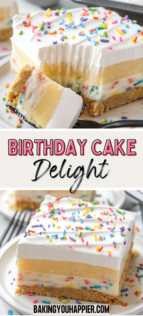 Birthday Cake Delight, a delicious layered dessert that easily stands in place of traditional birthday cake! Savory Birthday Cake Alternatives, Clean Birthday Cake, Easy Birthday Cake For Adults, Healthy Birthday Cake Alternatives, Traditional Birthday Cake, Healthy Birthday Cake, Healthy Smash Cake, Birthday Cake Alternatives, Cheap Desserts