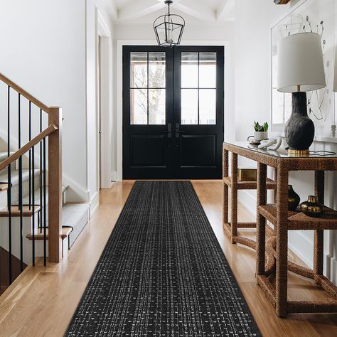 Rug For Black And White Tile Floor, Rugs For Black And White Kitchen, Bohemian Runner Rug, Black White Entryway, Black And White Runner Rug, Black White And Wood Decor, Bedrooms Boho, Black And White Runner, Long Front Porch