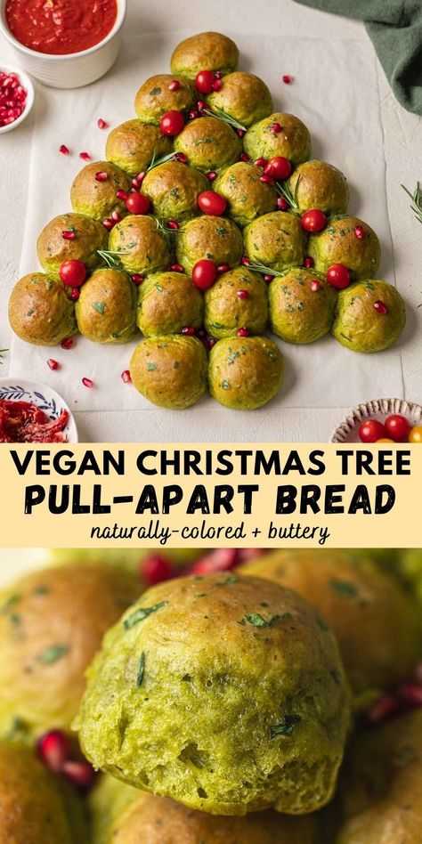 This vegan Christmas Tree Pull-Apart Bread is a stunning centerpiece for the holidays! The brioche-style bread buns are packed with herbs and naturally colored with spinach. Vegan Christmas Bread, Vegan Pull Apart Bread, Vegan Christmas Party, Holiday Potluck Recipes, Christmas Tree Pull Apart Bread, Christmas Tree Bread, Vegan Xmas, Bread Buns, Vegan Summer Recipes