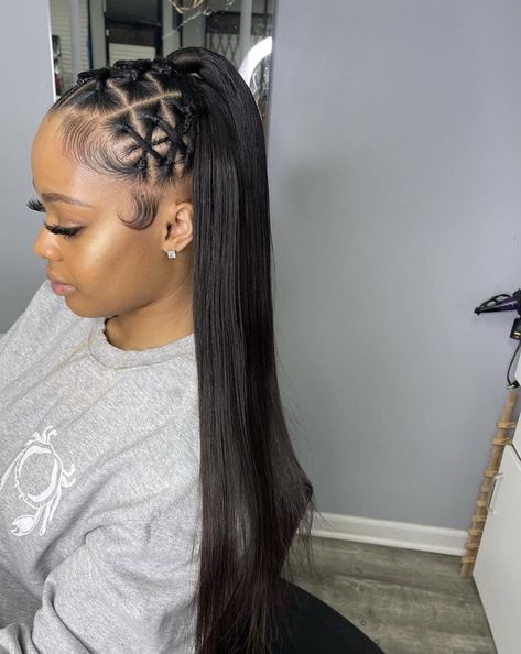 Pinterest: @TRUUBEAUTYS💧#pinterestTruubeautys . Rubber Band In Front Weave In Back, Rubberband Hairstyles Half Up Half Down, Half Up Half Down With Rubber Bands, Rubberband Hairstyle, Sleek Braided Ponytail, Sleek Ponytail Hairstyles, Big Box Braids Hairstyles, Black Ponytail Hairstyles, Quick Weave Hairstyles