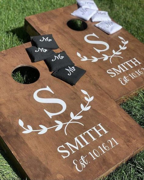 Wedding Bag Boards Corn Hole, Wedding Reception Cornhole, Engagement Party Yard Games, Wedding Bags Boards, Cornhole Boards Diy Wedding, Rustic Cornhole Boards, Cornhole For Wedding, Customized Corn Hole Boards, Customized Cornhole Boards