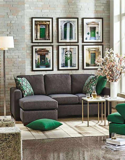 Design Mistakes: The 3 Biggest Color Palette Missteps (& How to Get it Right) - Emily Henderson Green Sofa Design, Emerald Green Living Room, Emerald Green Sofa, Gray Living Room Design, Grey Furniture Living Room, Small Sectional Sofa, Sofa Green, Casa Clean, Stone Floors