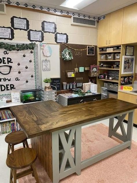 School Teacher Desk Ideas, Teacher Desk Ideas Work Spaces, Teacher Desk Area With Kidney Table, Teacher Table Ideas, Classroom Teacher Desk Setup, Teacher Desk Alternative Ideas, Farmhouse Teacher Desk, Teacher Table Set Up, Teacher Home Office Ideas