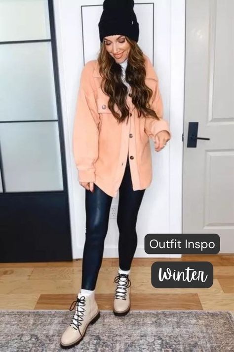 Outfit inspo winter. Casual outfits winter. Shacket and leggings outfit. Shacket And Leggings, Oversized Shacket Outfit, Leggings Outfit Women, Winter Leather Leggings, How To Style Leather Leggings, Style Leather Leggings, Casual Outfits Winter, Women Leggings Outfits, Combat Boot Outfit