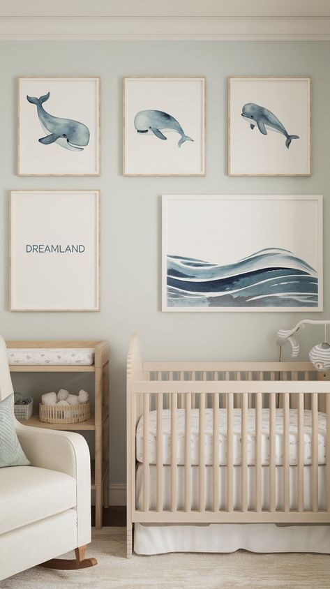 neutral ocean themed nursery with cream walls and whales watercolor posters on wall. Under The Water Themed Nursery, Neutral Ocean Nursery, Themed Nursery Ideas, Ocean Baby Rooms, Ocean Theme Nursery, Neutral Baby Room, Nursery Ocean, White Washed Furniture, Ocean Themed Nursery