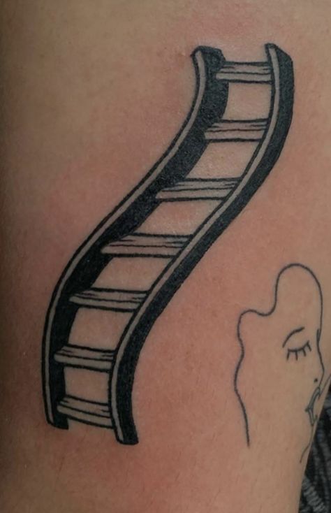 Hopscotch Tattoo, Liminal Tattoo, Small Trippy Tattoo Designs, Surreal Tattoo Ideas, Shower Tattoo, Odd Tattoos, Ladder Tattoo, Nostalgia Tattoo, Drip Tattoo