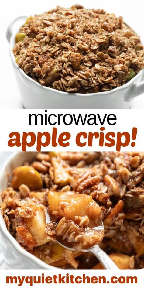 Microwave apple crisp truly is one of the BEST microwave desserts there is. It tastes just as amazing as oven-baked and takes only 5 minutes to prepare! Use this recipe to make an individual apple crisp in a mug, or scale it up to 5 times to serve a group! With the warm, cinnamon-spiced apples and crunchy oat and pecan topping, everyone's going to love it! Bonus: it's vegan, gluten-free, and made without refined flour. Single Desserts, Microwave Apple Crisp, Microwave Apple, Quick Apple Dessert, Microwave Apples, Heart Sweets, Healthy Apple Crisp, Microwave Dessert, Microwave Baking