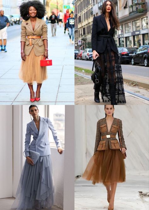 Blazer And Tutu Skirt Outfit, Tulle Skirt With Blazer Outfits, Blazer With Tulle Skirt, Blazer And Tulle Skirt Outfit, Tulle Skirt Work Outfit, Tulle Skirt Blazer Outfit, Blazer Tulle Skirt, Sheer Lace Maxi Skirt, Tulle Skirt Outfit 2023