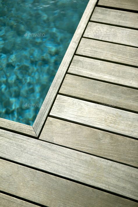 Wooden Terrace Decks, Wood Deck Pool, Balau Decking, Wooden Pool Deck, Wood Pool Deck, Garden Pool Design, Pool Paving, Exposed Trusses, Pool Decking