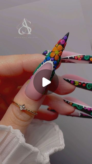 Mexican Nails Designs Acrylic, Mexican Flower Nails, Barro Nails Mexican, Mexican Tile Nails, Charro Nails, Mexican Inspired Nails Mexico, Mexican Themed Nails Acrylic, Mexico Inspired Nails, Mexican Style Nails