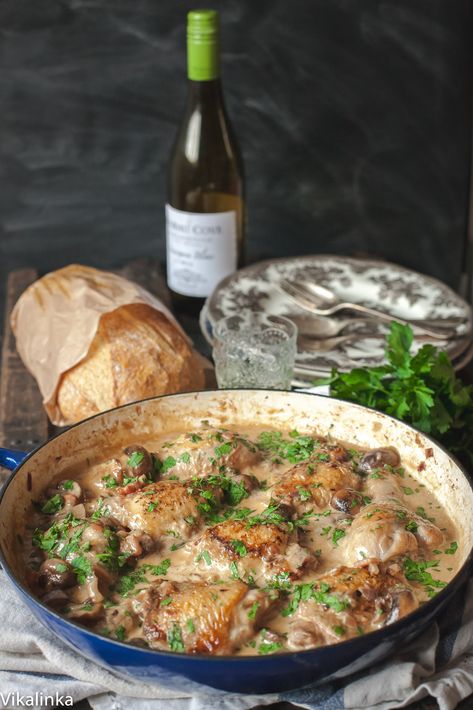 Succulent chicken with cremini mushrooms cooked in white wine  and a splash of cream. Cremini Mushrooms, French Dishes, French Cooking, Poultry Recipes, Chardonnay, Main Meals, Main Dish Recipes, Chicken Dinner, Chicken Dishes