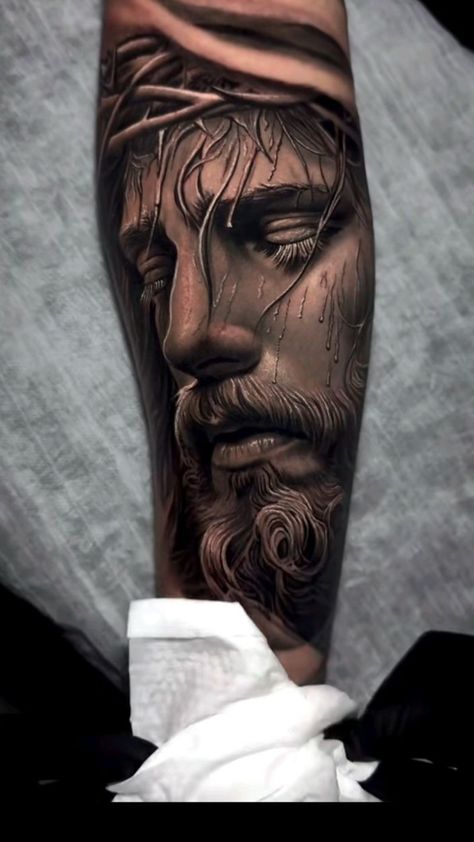 Christ Tattoos For Men, Shock Tattoo, Mary Tattoos, Mother Mary Tattoos, Jesus Christ Tattoo, Tattoo Wings, Zeus Tattoo, Quarter Sleeve Tattoos, Heaven Tattoos