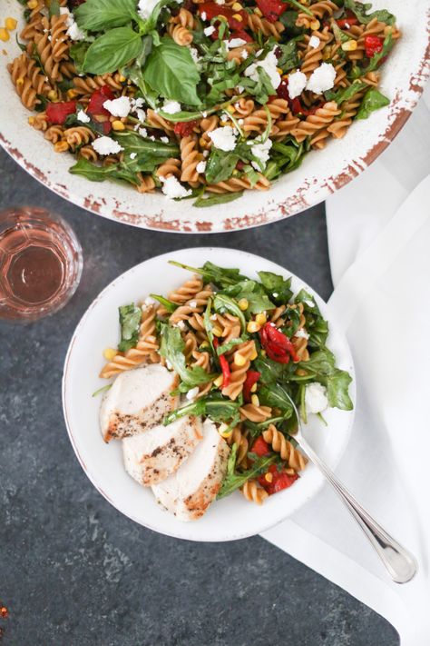 Pasta Salad with Arugula, Roasted Red Peppers, and Sweet Corn Pasta Salad With Arugula, Light Pasta Salads, Basil Mayo, Whole Grain Pasta, Traditional Pasta, Light Pasta, Healthy Pasta Salad, Corn Pasta, Roasted Cherry Tomatoes