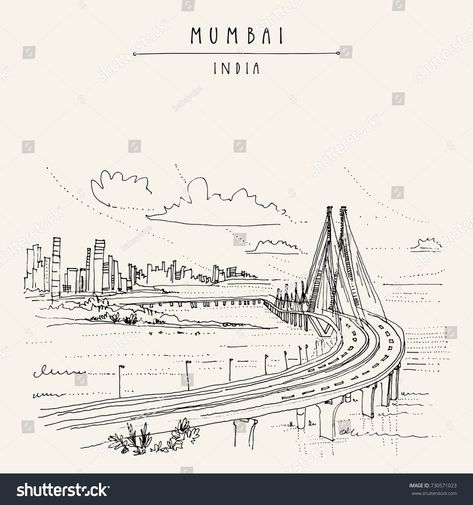 Bandra-Worli Sealink (Rajiv Gandhi Sea Link), a cable-stayed vehicular bridge in Mumbai (Bombay), India. Cityscape sketch. Travel art. Vintage hand drawn postcard in vectorcable#Link#stayed#bridge Mumbai Drawing Art, Travel Illustration Drawing, Mumbai City Doodle Art, Mumbai City Sketch, Mumbai Skyline Sketch, Mumbai Sketch Art, Travelling Drawing Ideas, Mumbai City Drawing, Mumbai Illustration Art